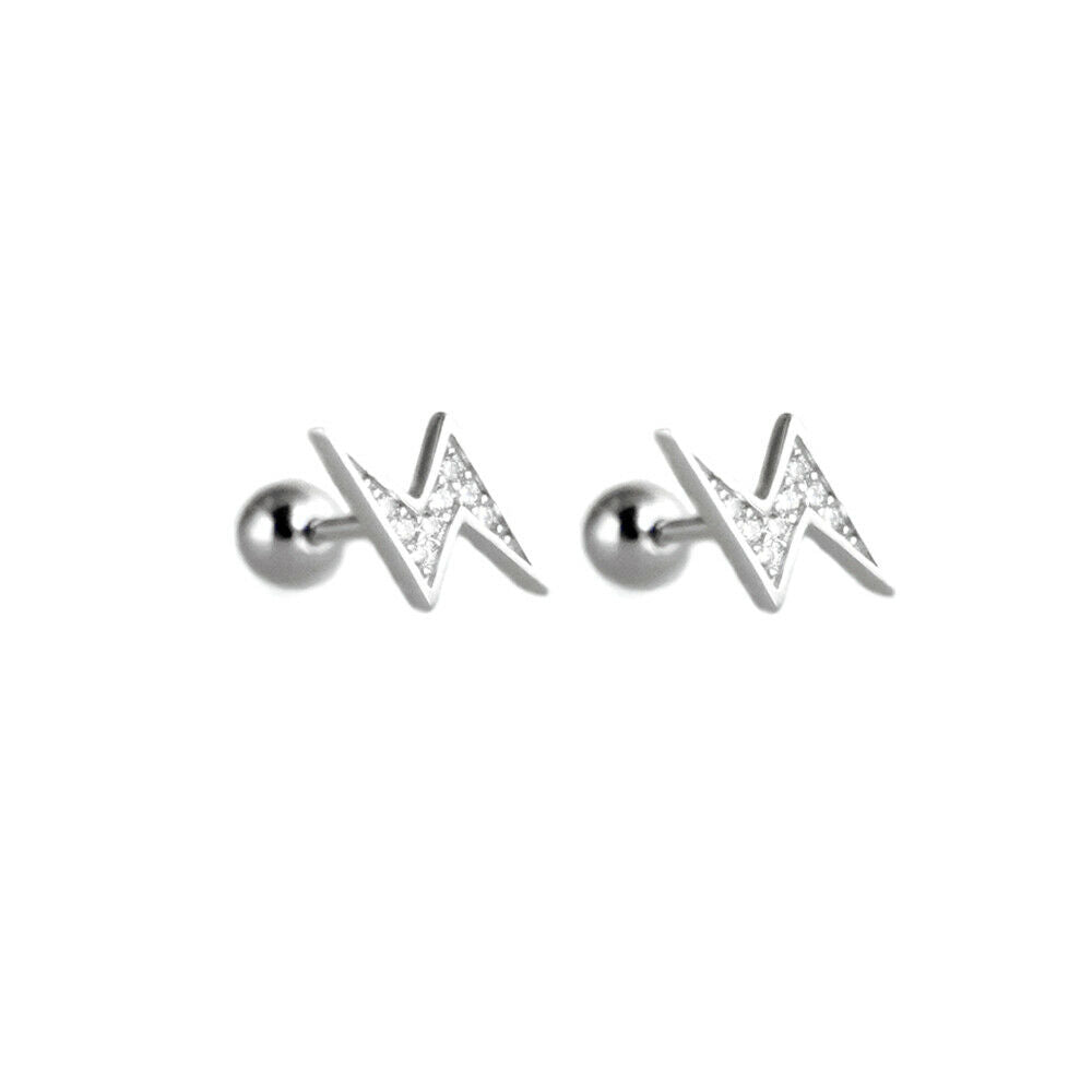 Sterling Silver CZ Lightning Bolt Barbell Bead Ball Screw Back Stud Earrings - sugarkittenlondon