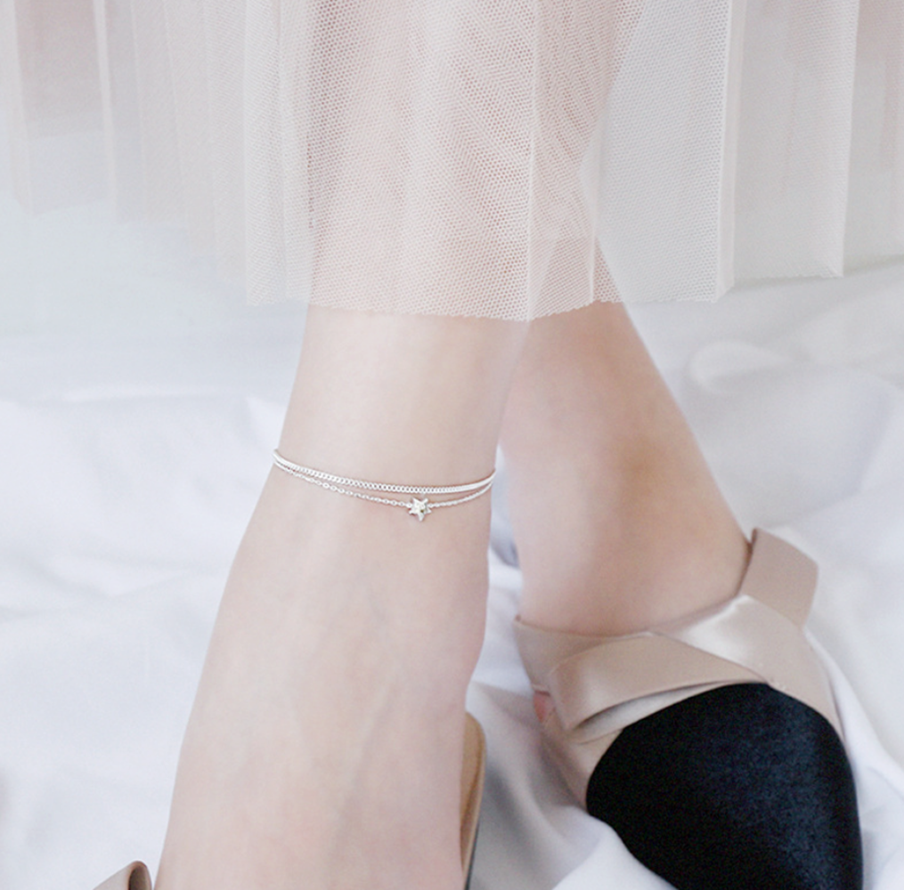 Sterling Silver Double Layer Star Curb Belcher Chain Anklet 19cm + 3cm - sugarkittenlondon