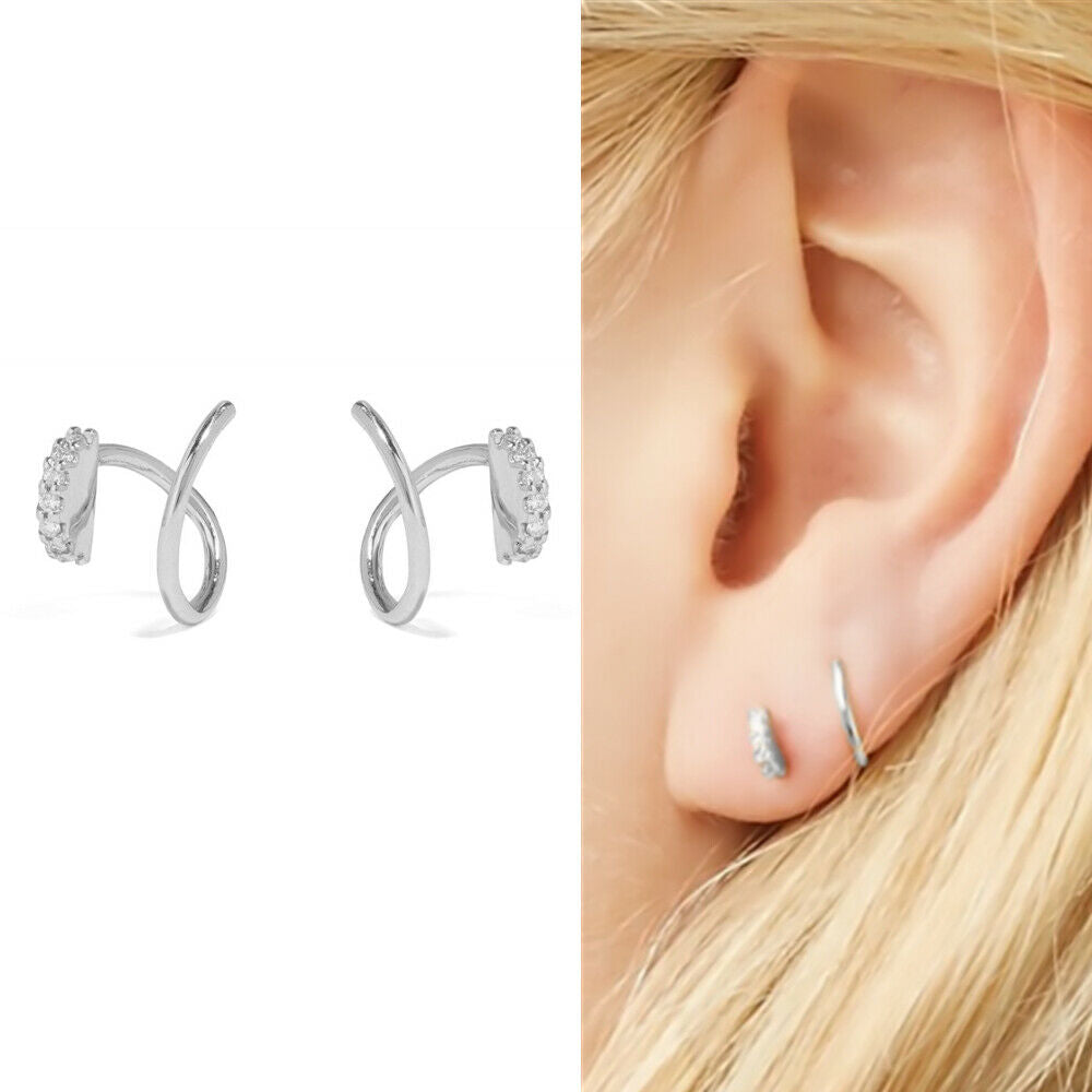 925 Sterling Silver Half Eternity CZ Twirl Wire Faux Double Piercing Earrings - sugarkittenlondon