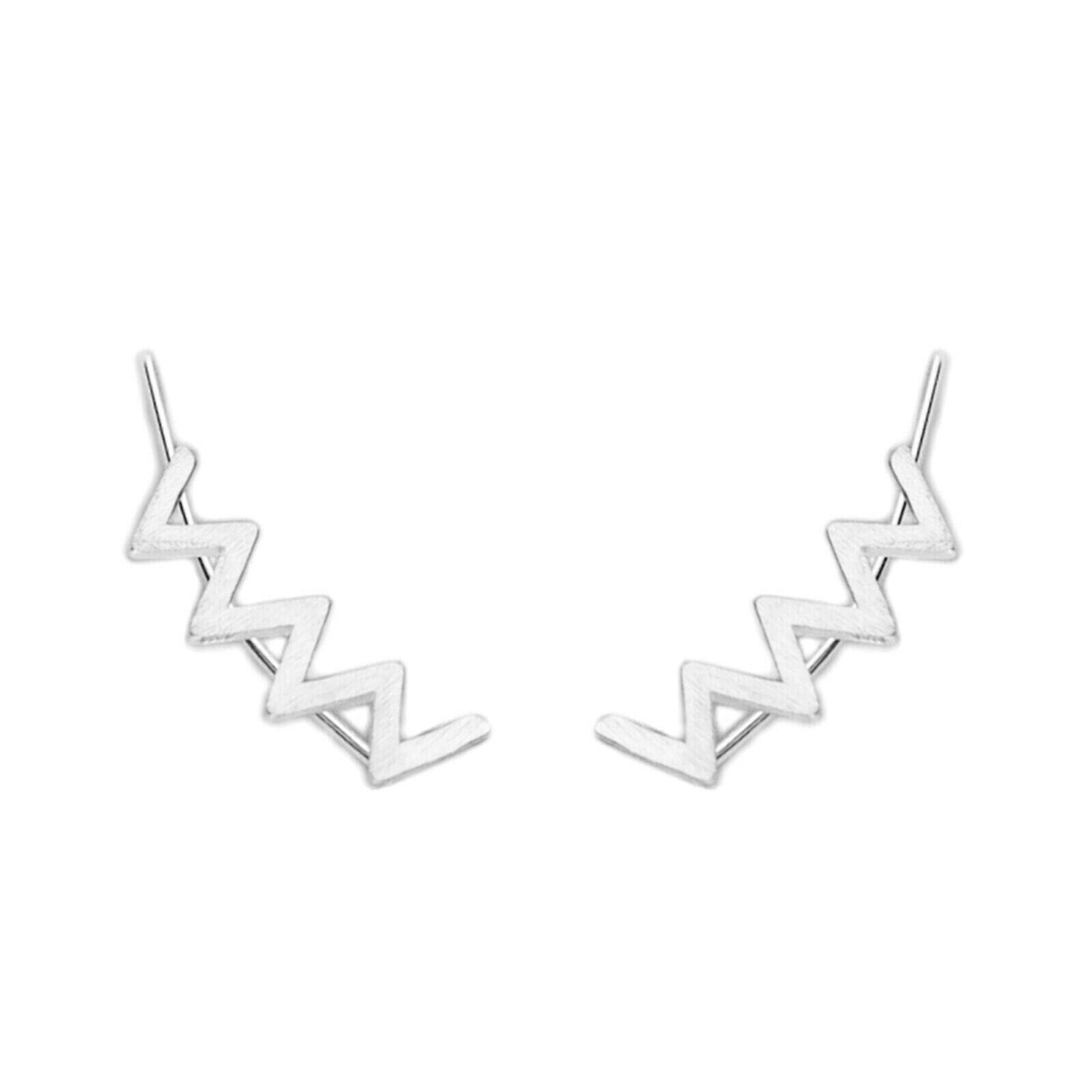 Sterling Silver Brushed Zigzag Wave Line Cuff Curved Climber Crawler Earrings - sugarkittenlondon