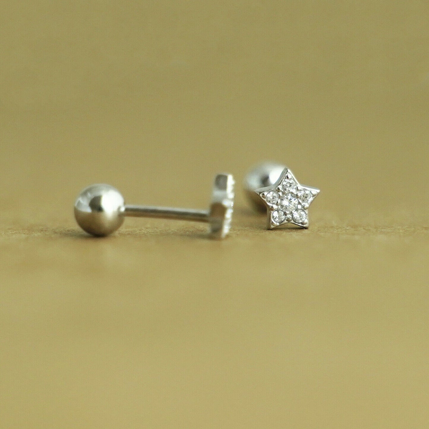 Sterling Silver Mini Shiny CZ Star Barbell Bead Ball Screw Back Earrings 3 Tones - sugarkittenlondon