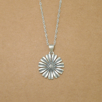 Sterling Silver 17mm Solid Oxidized Retro Daisy Sun Flower Pendant Necklace - sugarkittenlondon