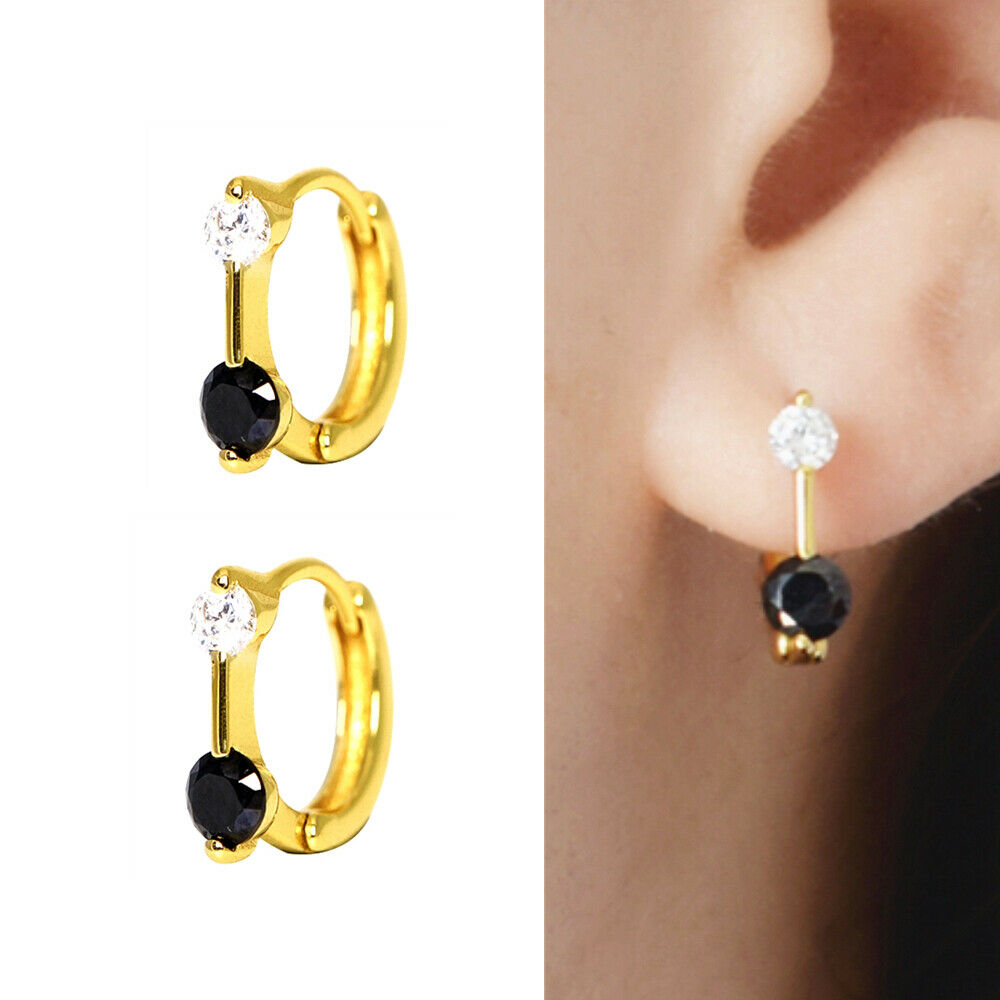 18K Gold Plated Sterling Silver Black and White CZ Huggie Hoop Bar Earrings - sugarkittenlondon