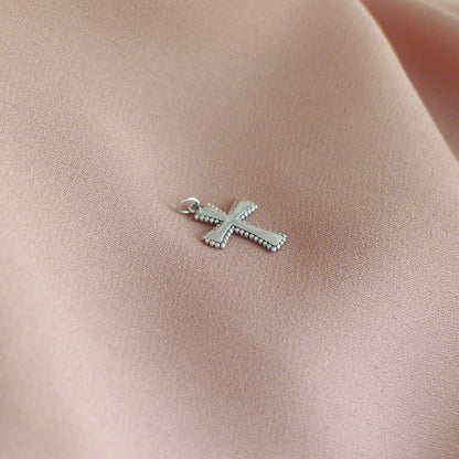 Sterling Silver Oxidized Simple Shiny Beaded Edge Flared Cross Pendant Charm - sugarkittenlondon