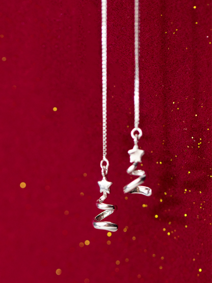 Sterling Silver Mini Star Ribbon Christmas Tree Pull Through Threader Earrings - sugarkittenlondon