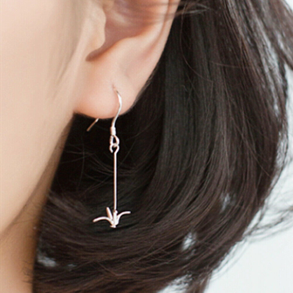 Rhodium on Sterling Silver Origami Crane Birds Dangle Drop Hook Earrings - sugarkittenlondon