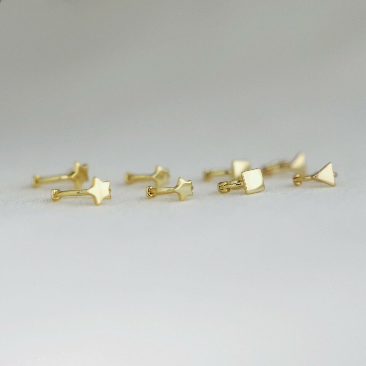 18K Gold Hinged Hoop Earrings with Mini Star, Square, and Triangle Shapes - sugarkittenlondon