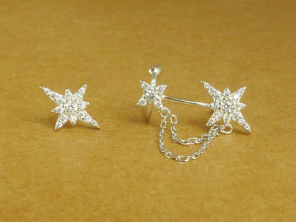Sterling Silver Paved CZ Pole Star Chain Cuff Asymmetrical Earrings - sugarkittenlondon