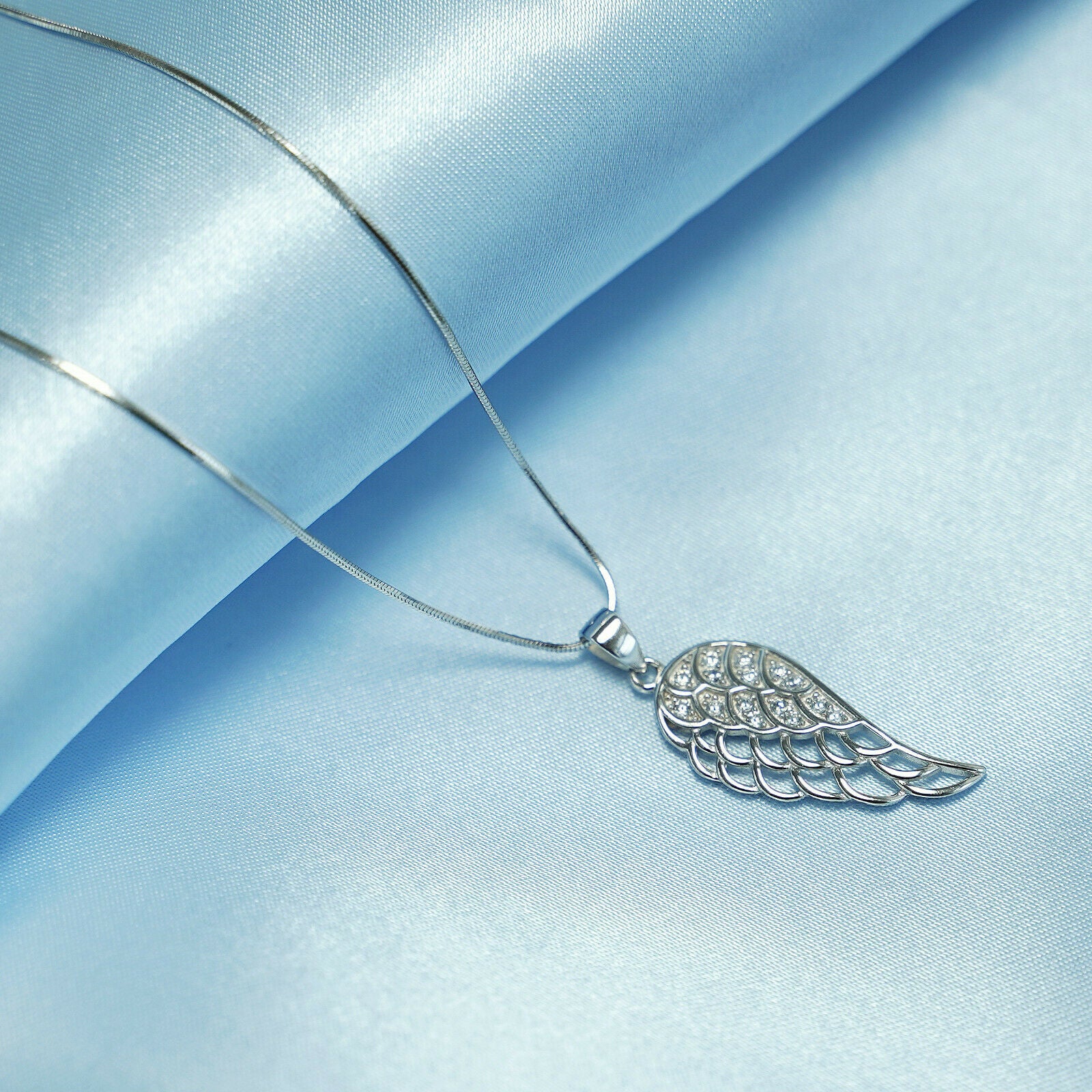 Sterling Silver Angel Feather Hollow White Paved CZ Wing Pendant Necklace - sugarkittenlondon