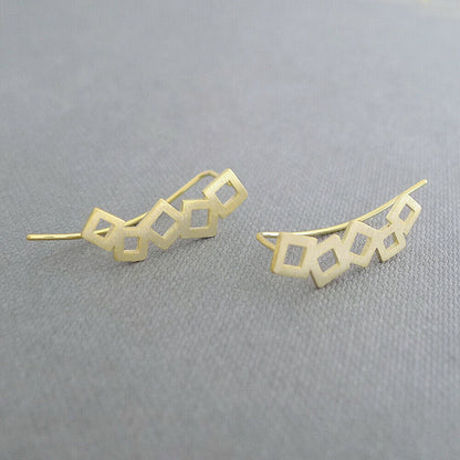 18K Gold on Sterling Silver Geometry Cube Square Curved Climber Crawler Earrings - sugarkittenlondon