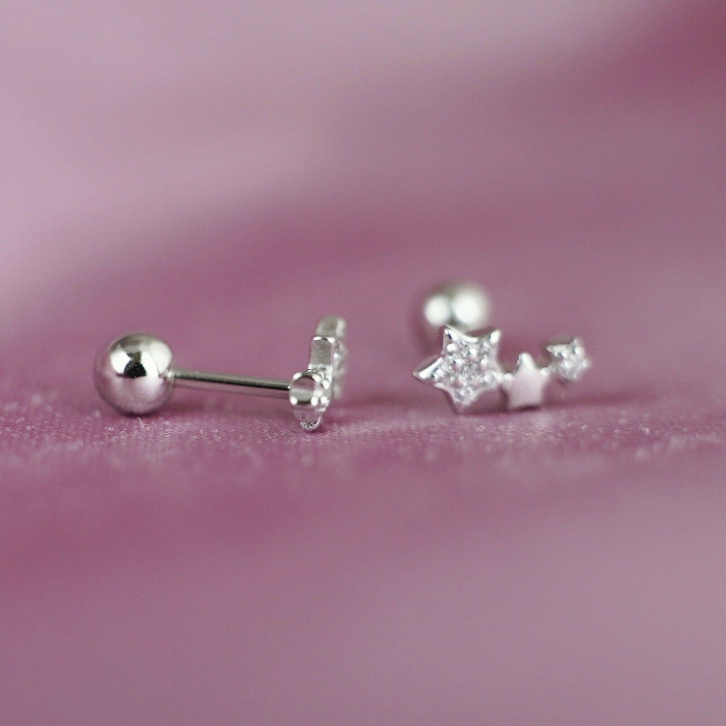 925 Sterling Silver Barbell Bead Ball Screw Back Star Earrings - sugarkittenlondon