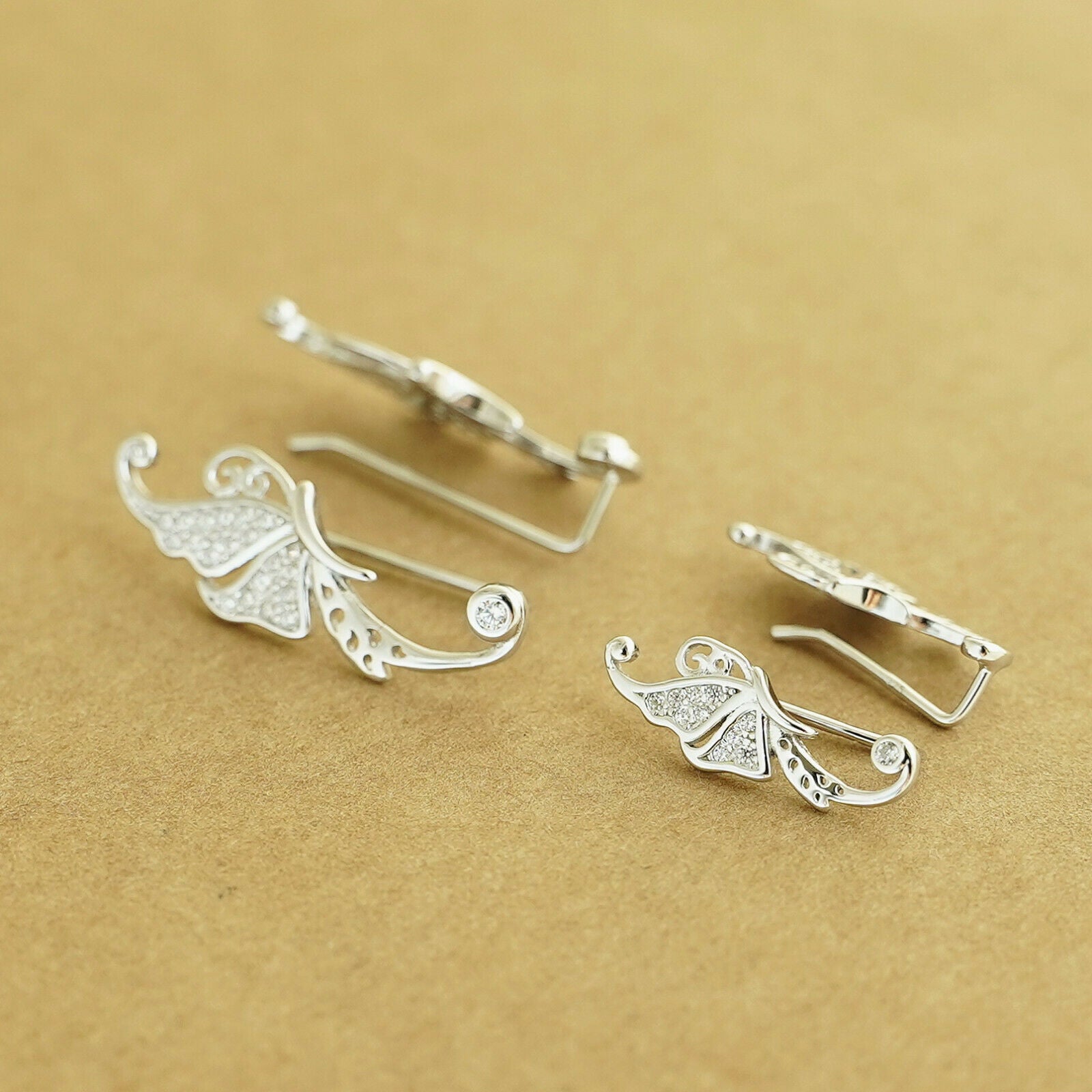 Sterling Silver Paved CZ Butterfly Wing Cuff Post Climber Crawler Earrings - sugarkittenlondon