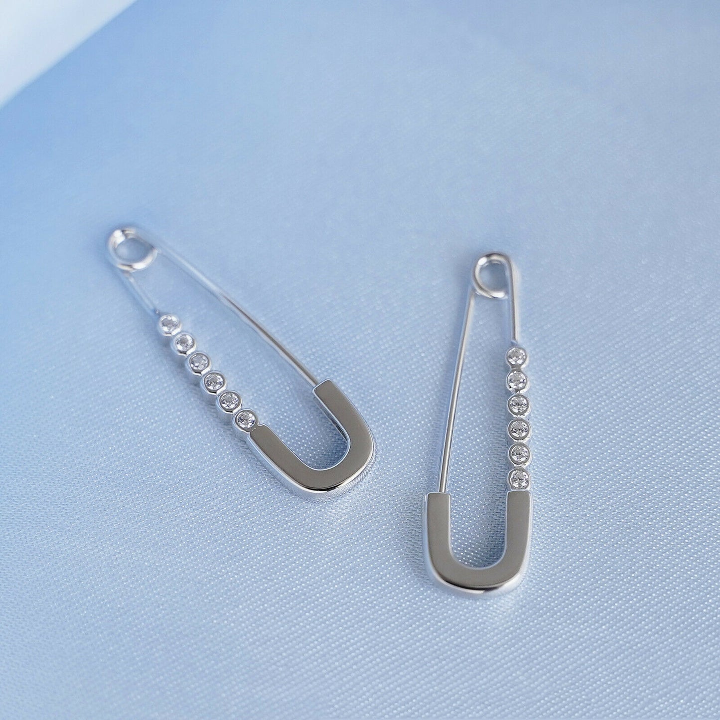 Sterling Silver Bezel CZ Beaded Paper Clip Safety Pin Hoop Drop Cuff Earrings - sugarkittenlondon