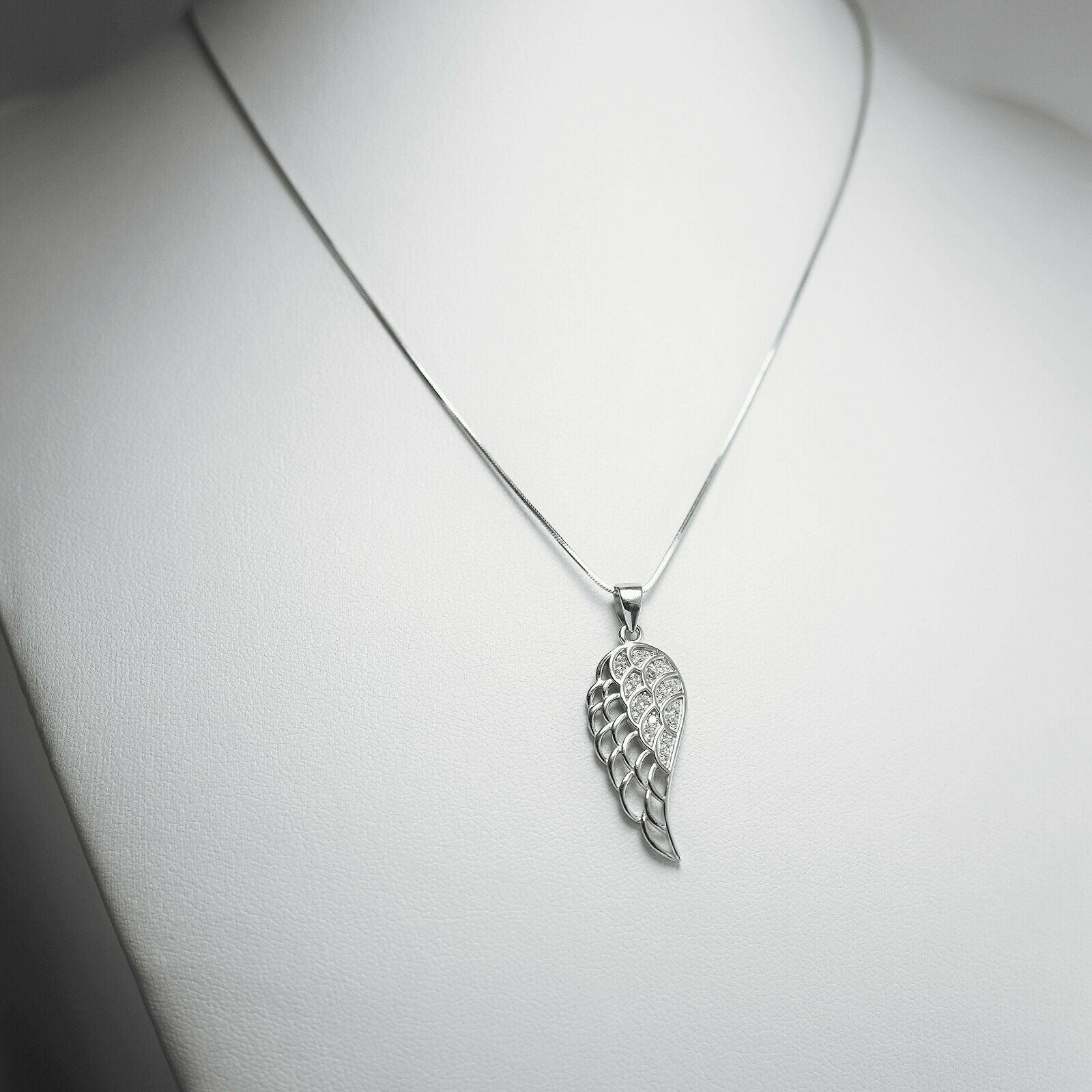 Sterling Silver Angel Feather Hollow White Paved CZ Wing Pendant Necklace - sugarkittenlondon