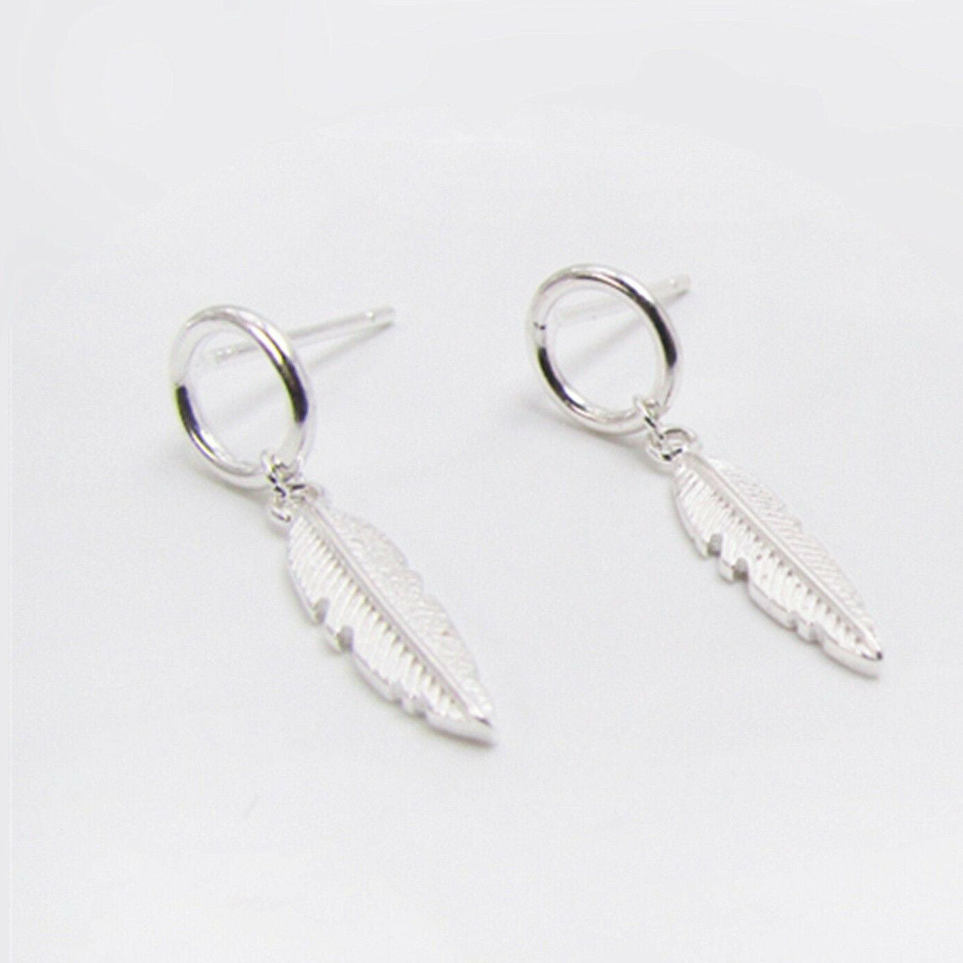 Sterling Silver Simple Angel Wing Feather Link Circle Drop Stud Earrings Boxed - sugarkittenlondon