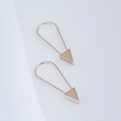 Rose Gold on Sterling Silver Triangle CZ Safety Pin Clip Hoop Drop Earrings - sugarkittenlondon