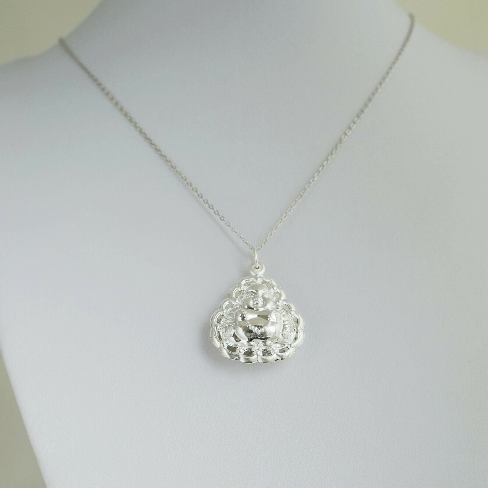 Fine Silver 990 Hollow Double Sided Happy Buddha Halo Floral Edge Pendant - sugarkittenlondon