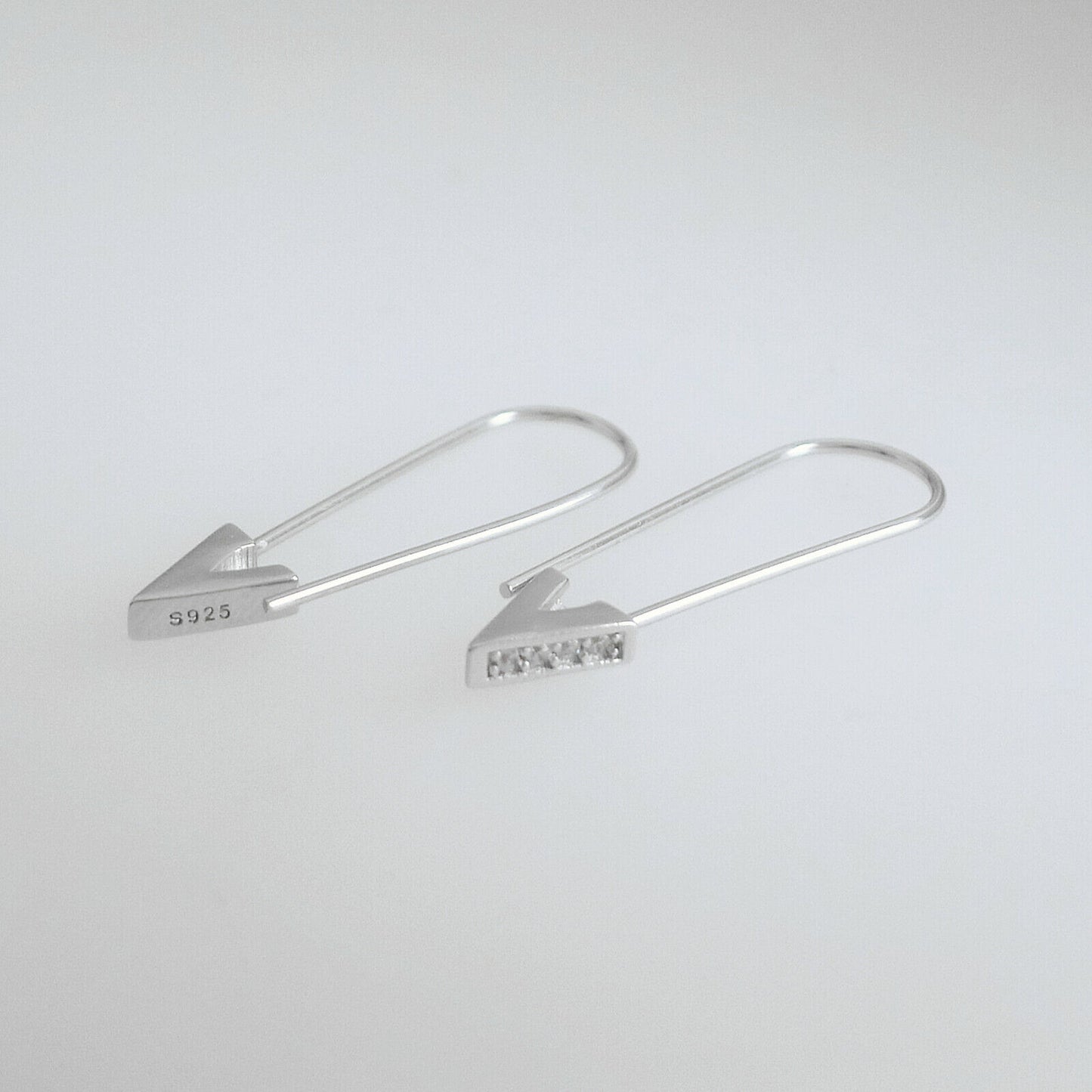 Rhodium on Sterling Silver Triangle Paved CZ Safety Pin Clip Hoop Drop Earrings - sugarkittenlondon