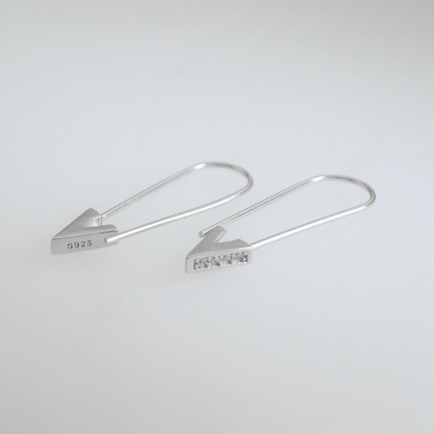 Sterling Silver Triangle CZ Safety Pin Hoop Drop Earrings with Rhodium Plating - sugarkittenlondon