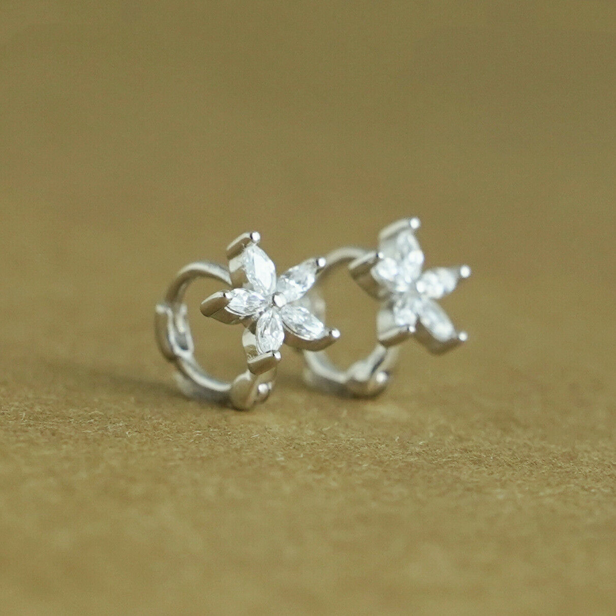 925 Sterling Silver Flower Huggie Hoop Earrings with CZ Accents 2 Tones - sugarkittenlondon