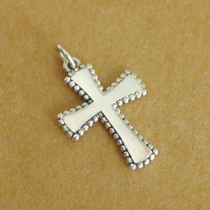 Sterling Silver Oxidized Simple Shiny Beaded Edge Flared Cross Pendant Charm - sugarkittenlondon