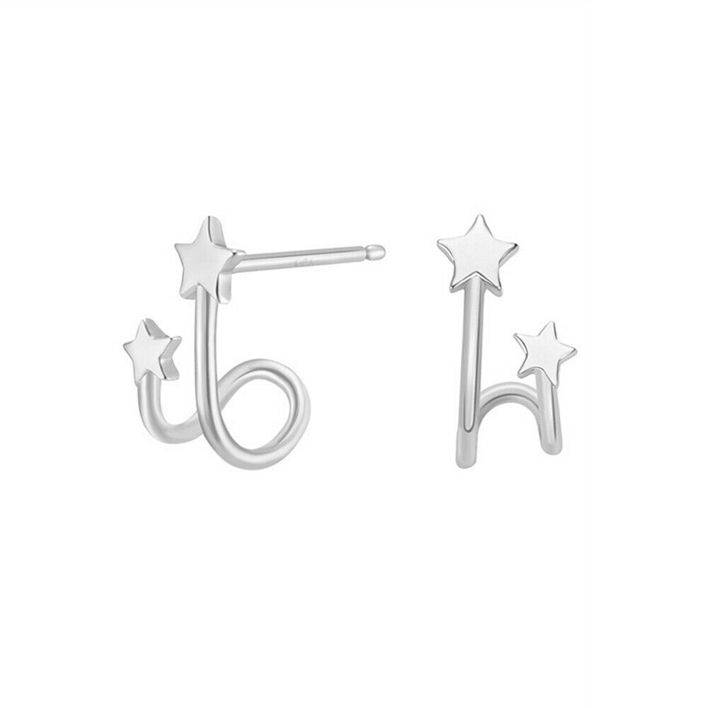 Sterling Silver Huggie Cuff Stud Earrings with Double Shooting Stars in 2 Tones - sugarkittenlondon