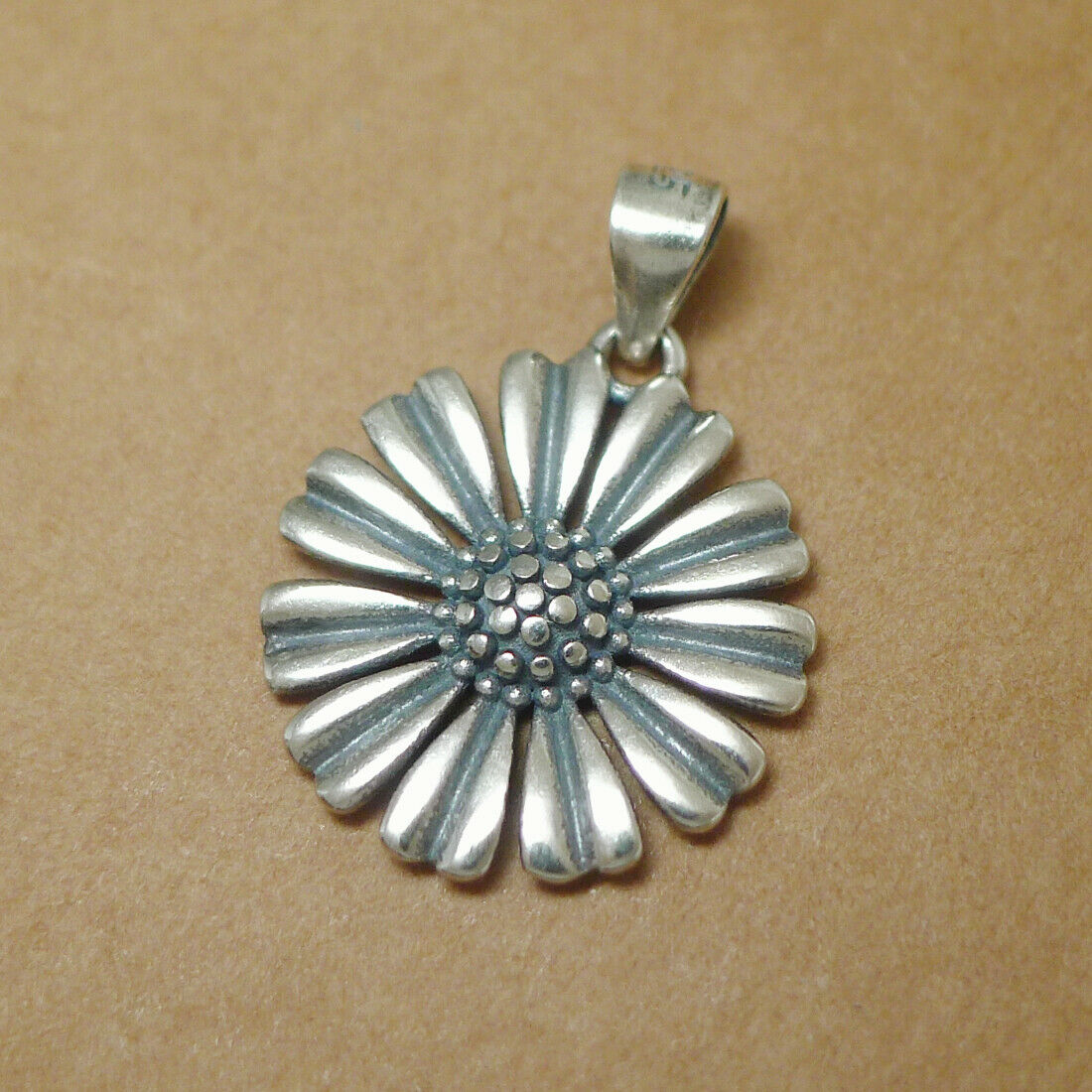 Sterling Silver 17mm Solid Oxidized Retro Daisy Sun Flower Pendant Necklace - sugarkittenlondon