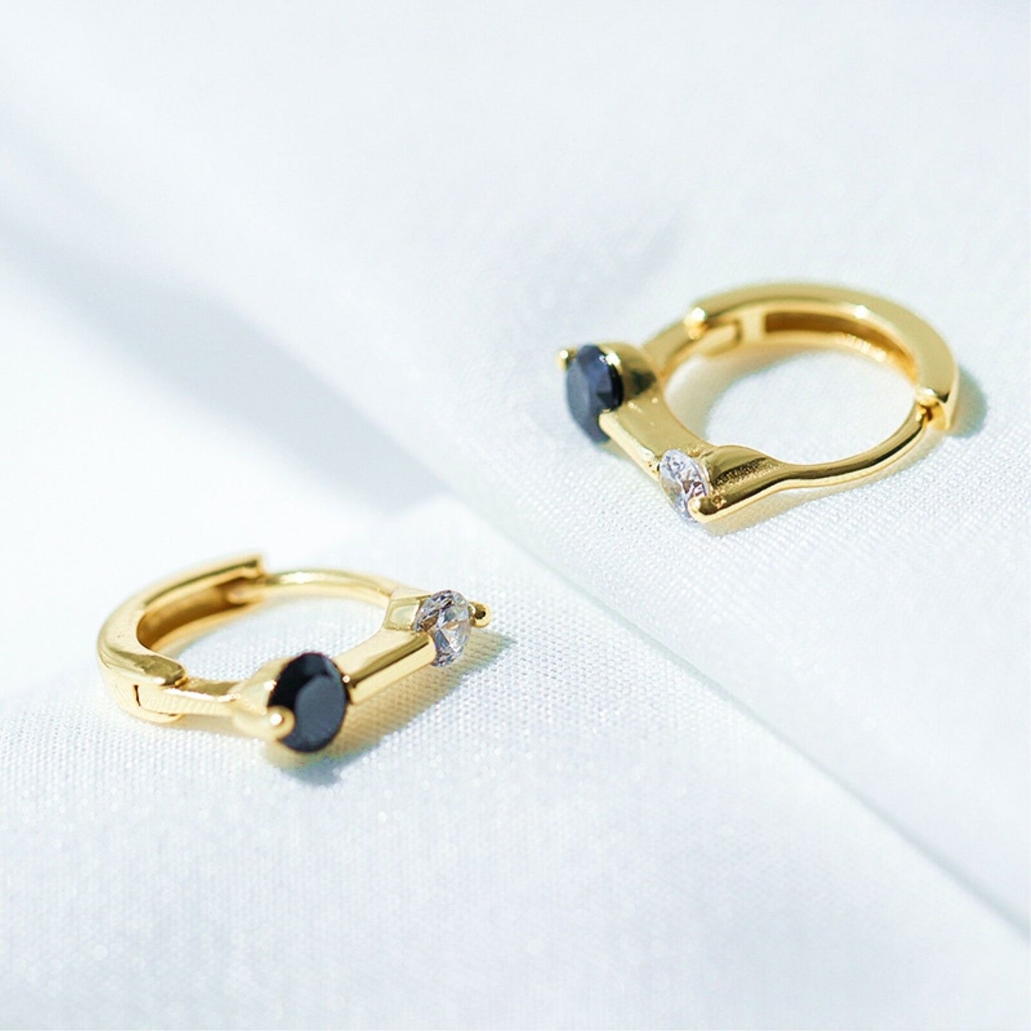 18K Gold Plated Sterling Silver Black and White CZ Huggie Hoop Bar Earrings - sugarkittenlondon