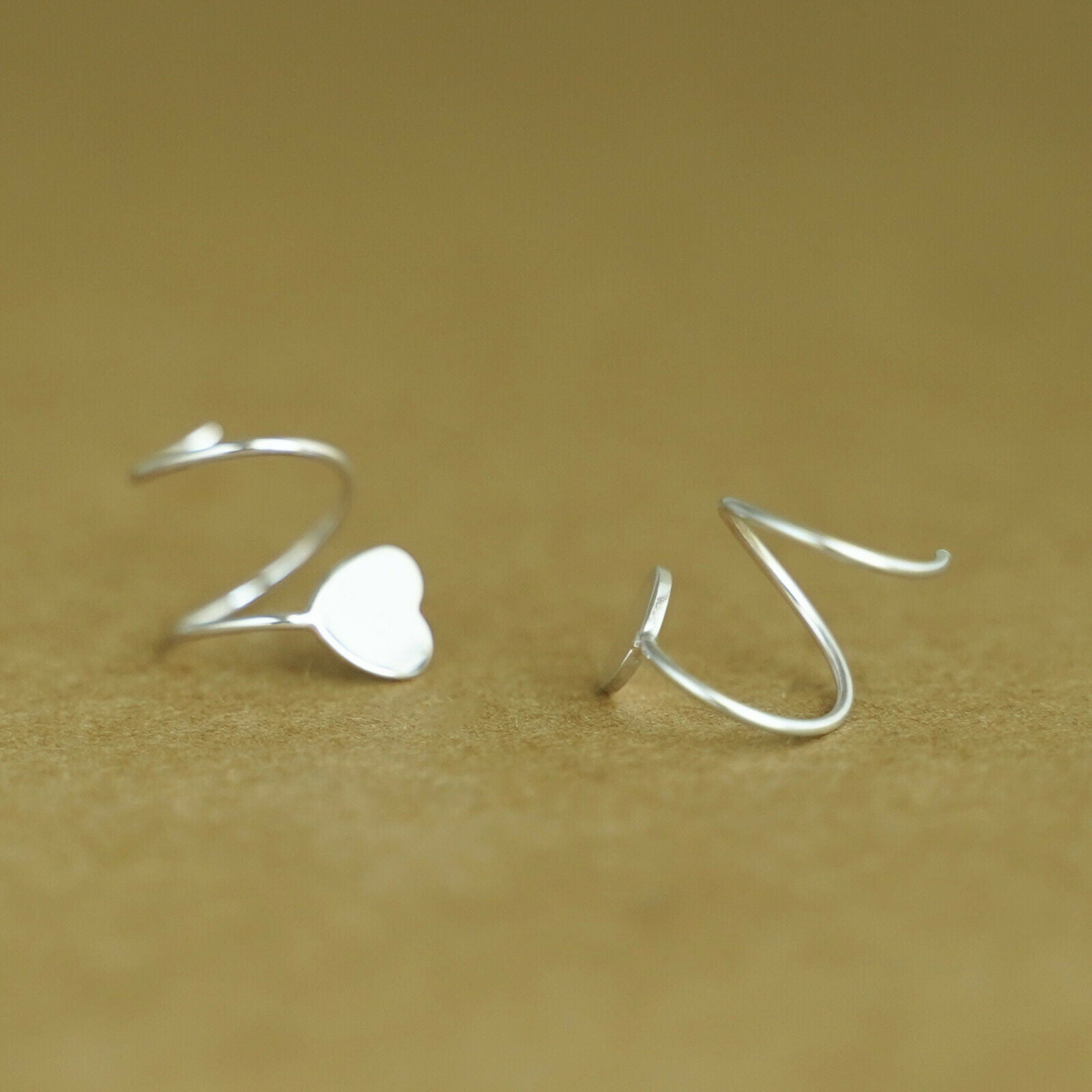 Sterling Silver Heart Reverse Worn Twirl Wire Huggie Faux 2 Piercings Earrings - sugarkittenlondon