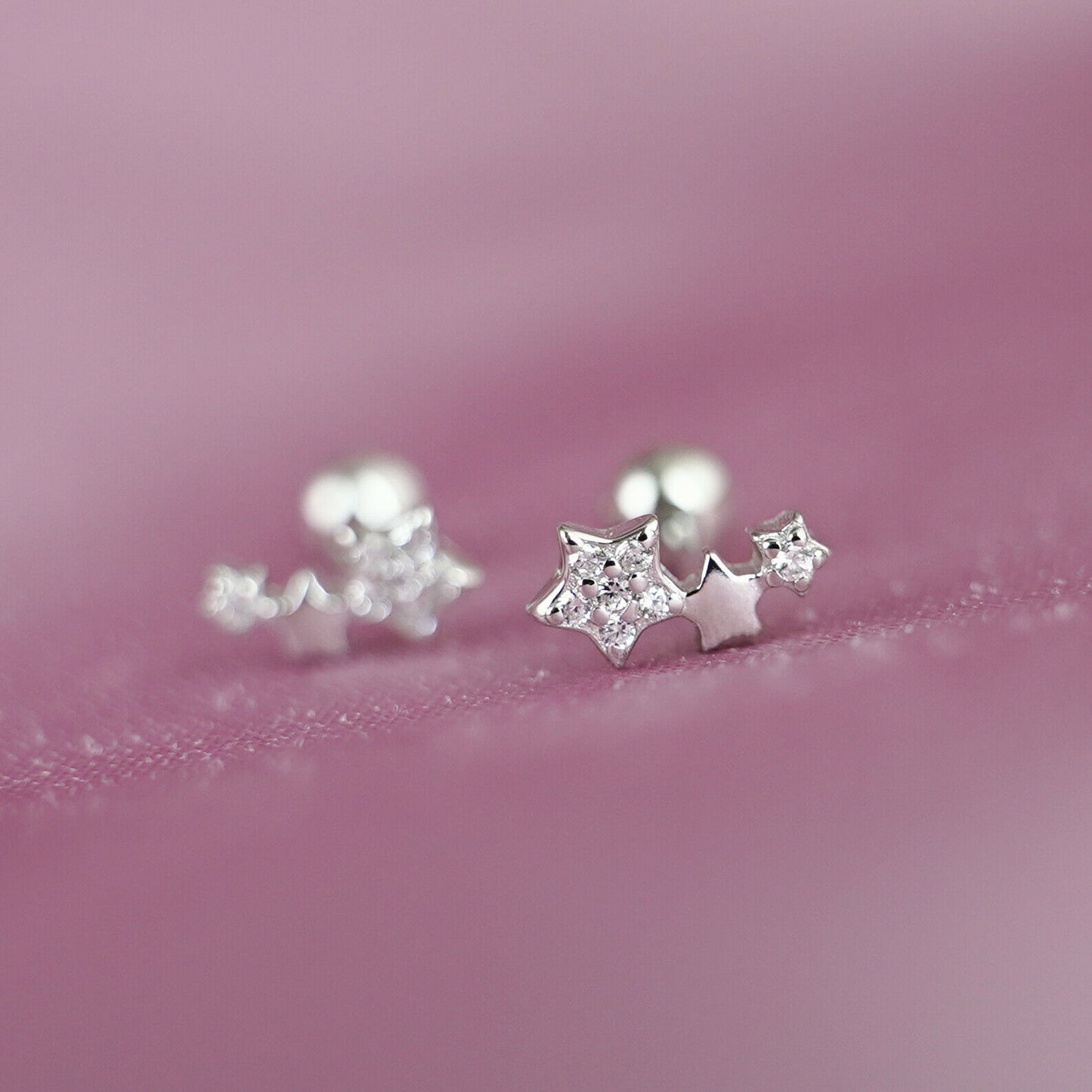 925 Sterling Silver Barbell Bead Ball Screw Back Star Earrings - sugarkittenlondon