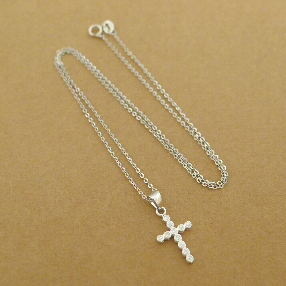 Sterling Silver Bezel Set Bubble Rounds CZ Cross Pendant Necklace 2 Chains - sugarkittenlondon