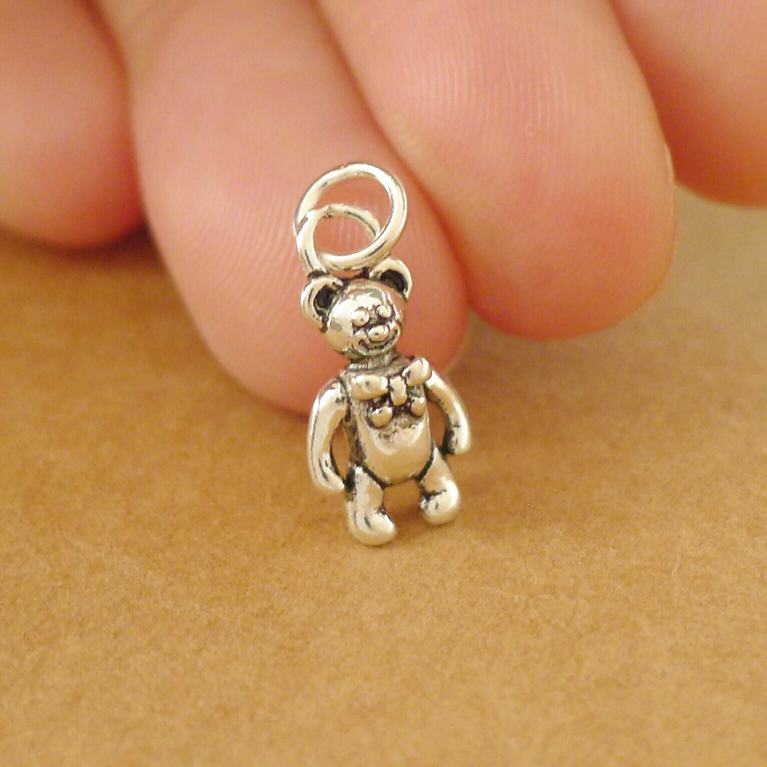 Sterling Silver Mini Oxidized 3D Bear with Bow Tie Charm Pendant - sugarkittenlondon