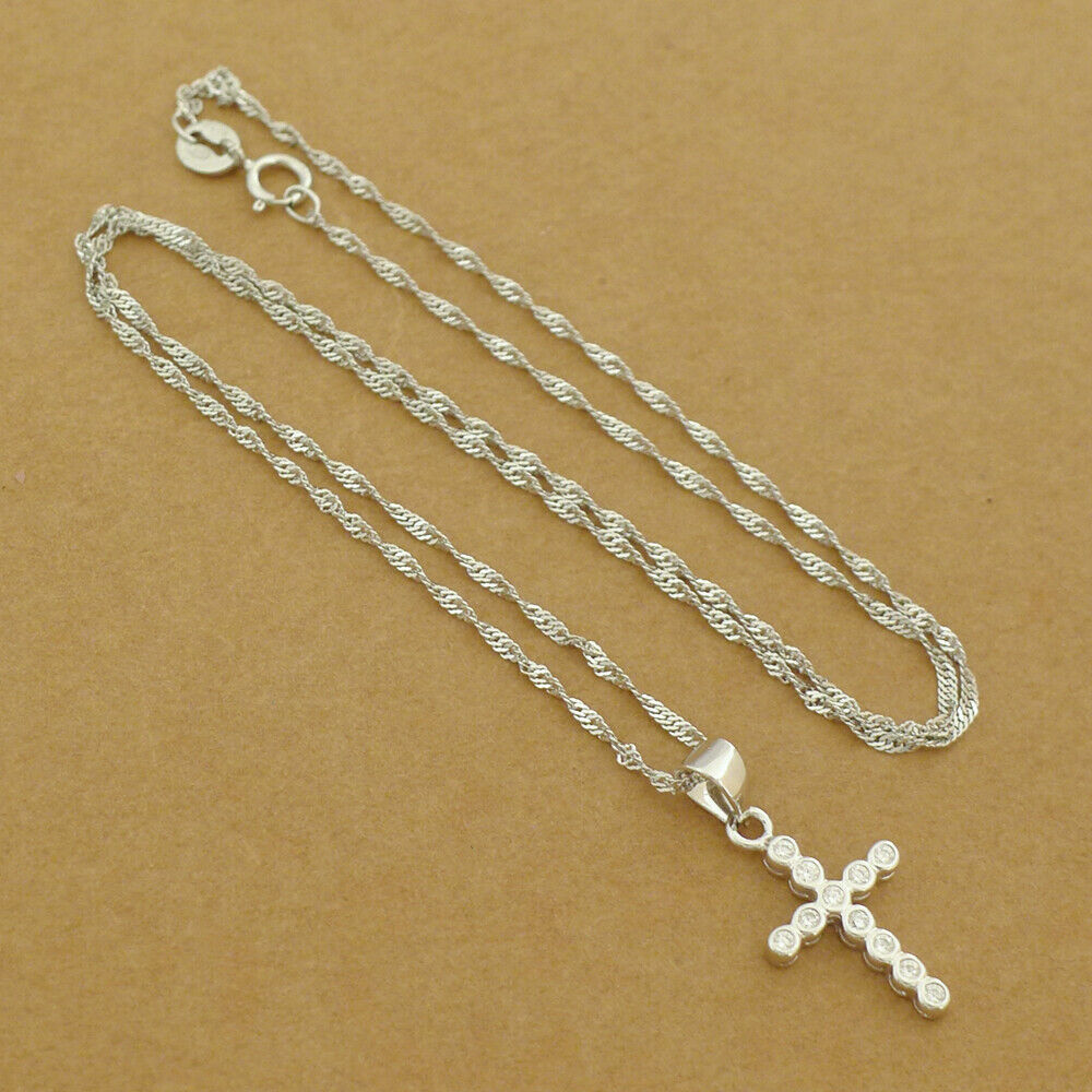 Sterling Silver Bezel Set Bubble Rounds CZ Cross Pendant Necklace 2 Chains - sugarkittenlondon