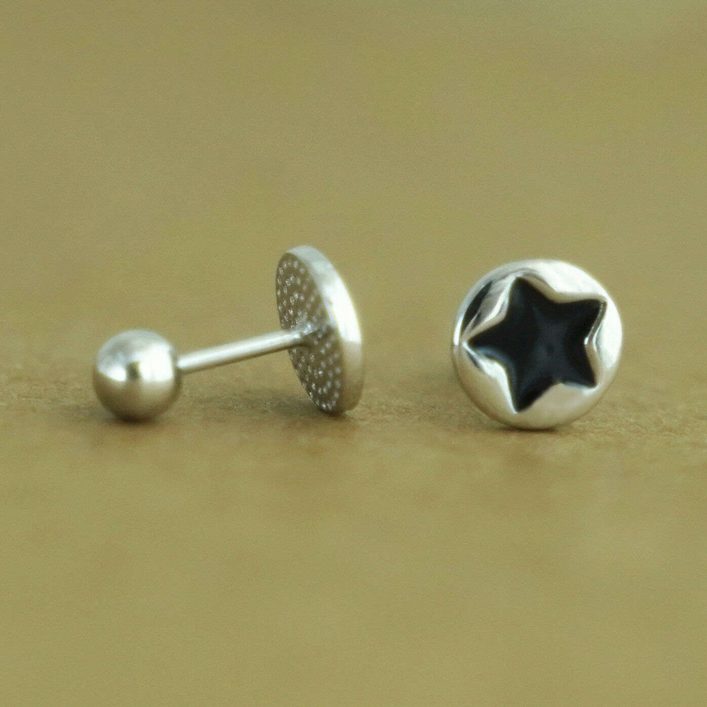 Sterling Silver Black Enamel Star Disc Dot Barbell Bead Ball Screw Back Earrings - sugarkittenlondon