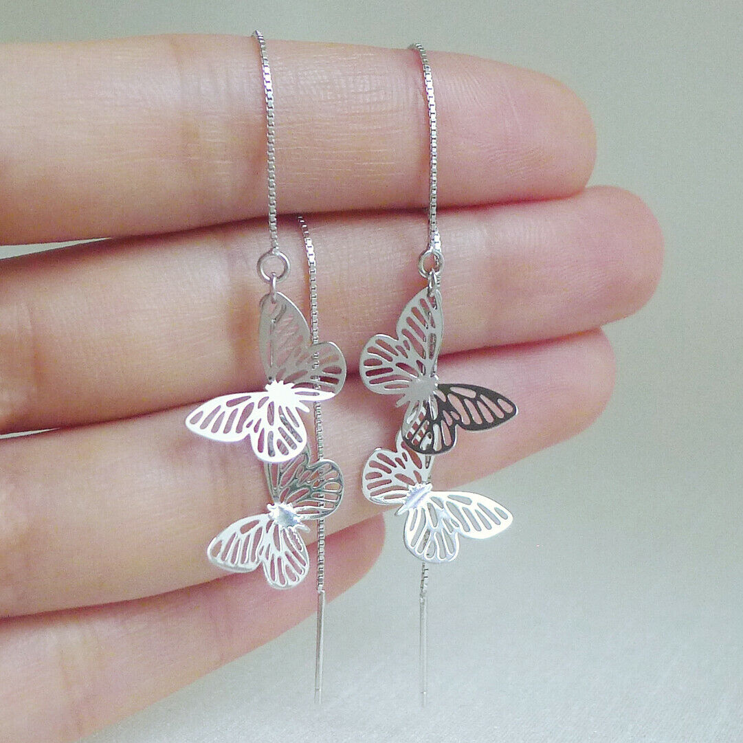 Sterling Silver Butterfly Threader Earrings - Lightweight Dangle Drop Pull Through Ear Jewelry - sugarkittenlondon