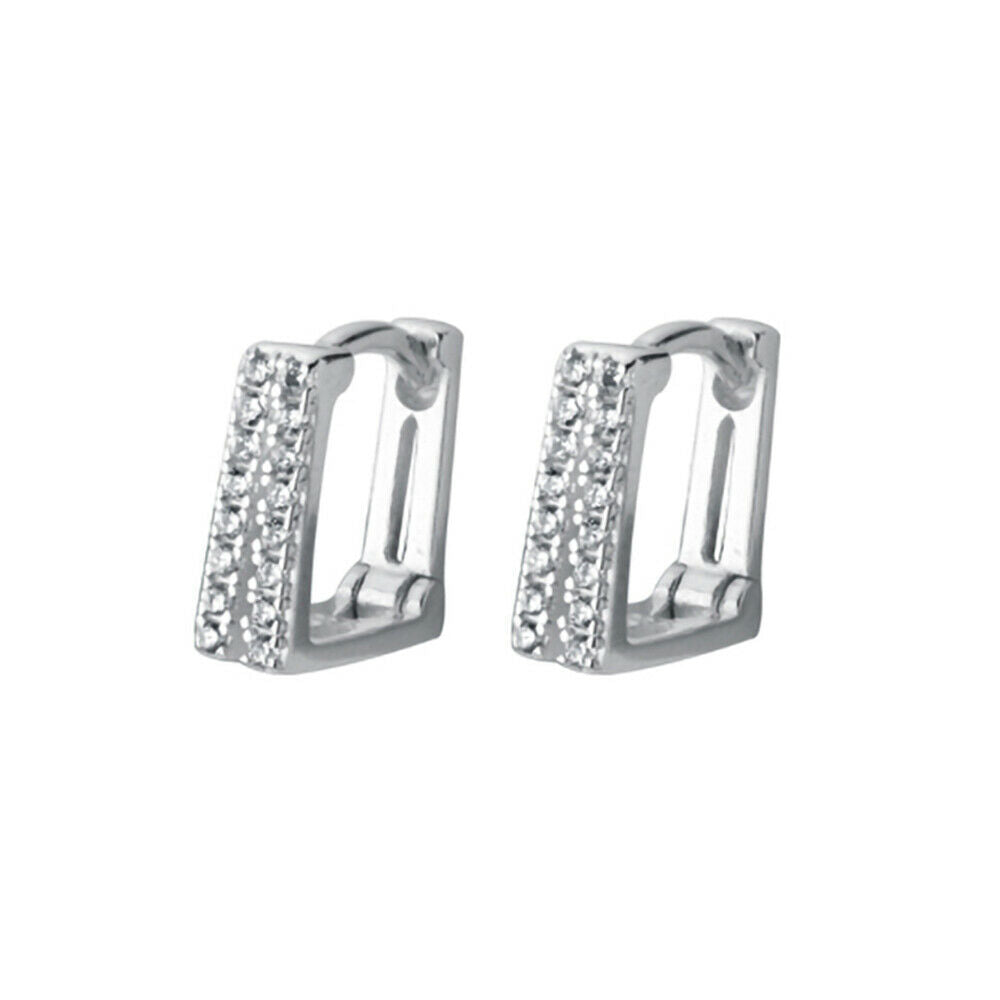 Sterling Silver Double Line Layer Square Paved CZ Cuff Hoop Earrings Unisex - sugarkittenlondon