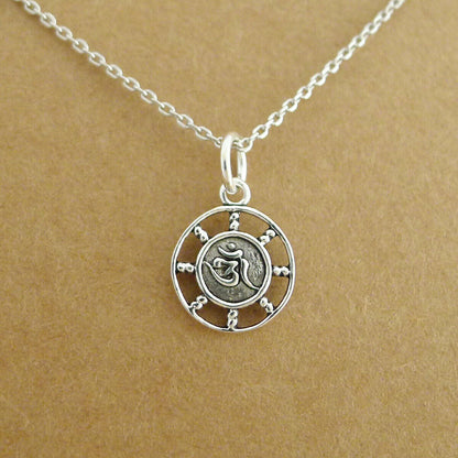 Sterling Silver Oxidized Om Aum Yoga Hidu Sanskrit Symbol Disc Circle Pendant - sugarkittenlondon