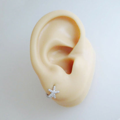 Sterling Silver 7mm Hoop Small Paved CZ SEA STAR Starfish Huggie Earrings - sugarkittenlondon
