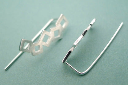 Sterling Silver Geometry Hollow Cube Square Curved Climber Crawler Earrings - sugarkittenlondon