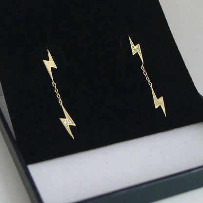 Gold on Sterling Silver Asymmetric Lightning Bolt Drop Dangle Stud Earrings - sugarkittenlondon