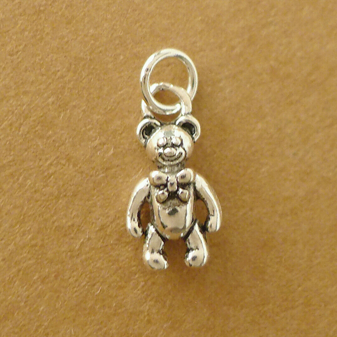 Sterling Silver Mini Oxidized 3D Bear with Bow Tie Charm Pendant - sugarkittenlondon