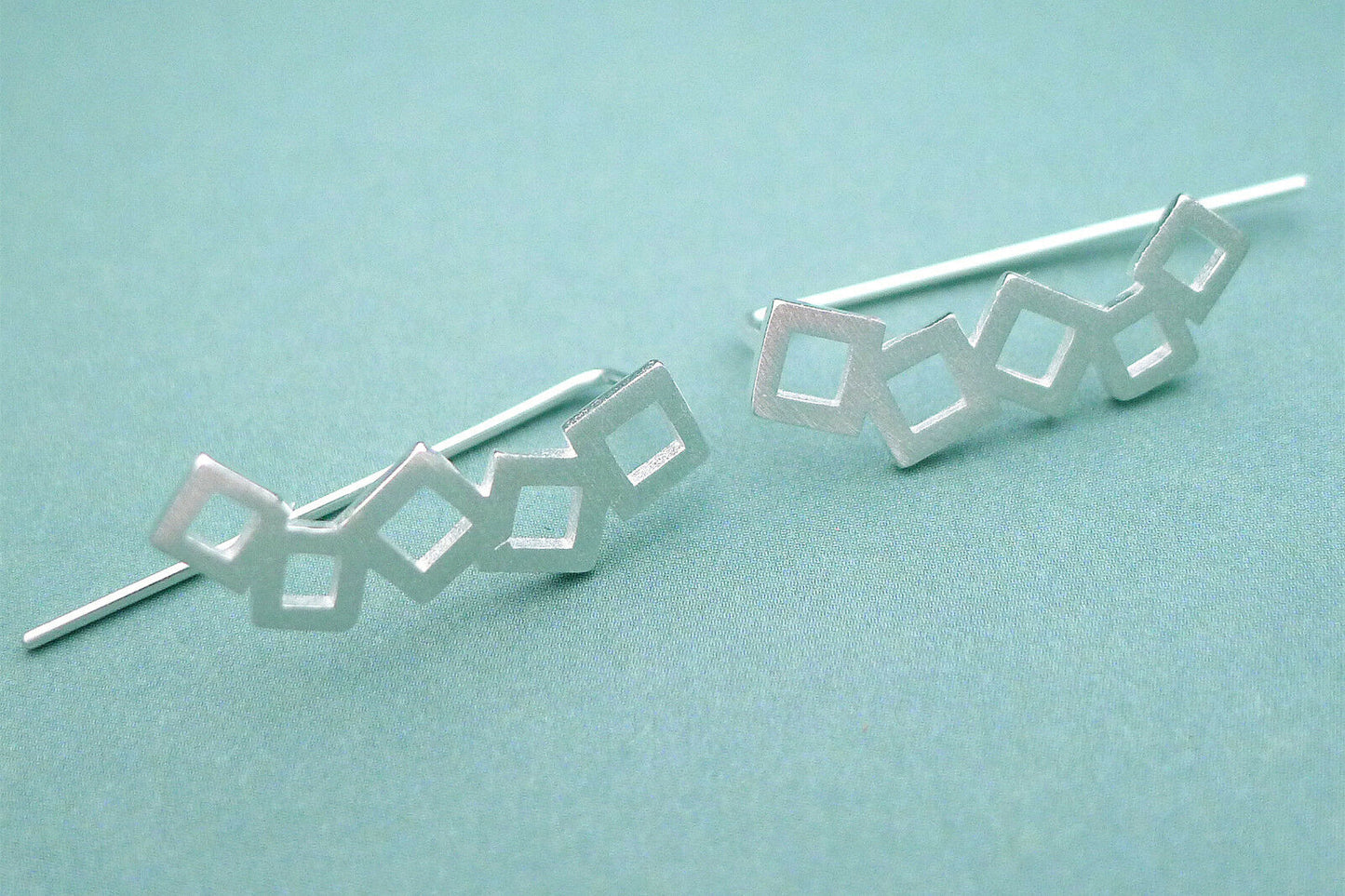 Sterling Silver Geometry Hollow Cube Square Curved Climber Crawler Earrings - sugarkittenlondon