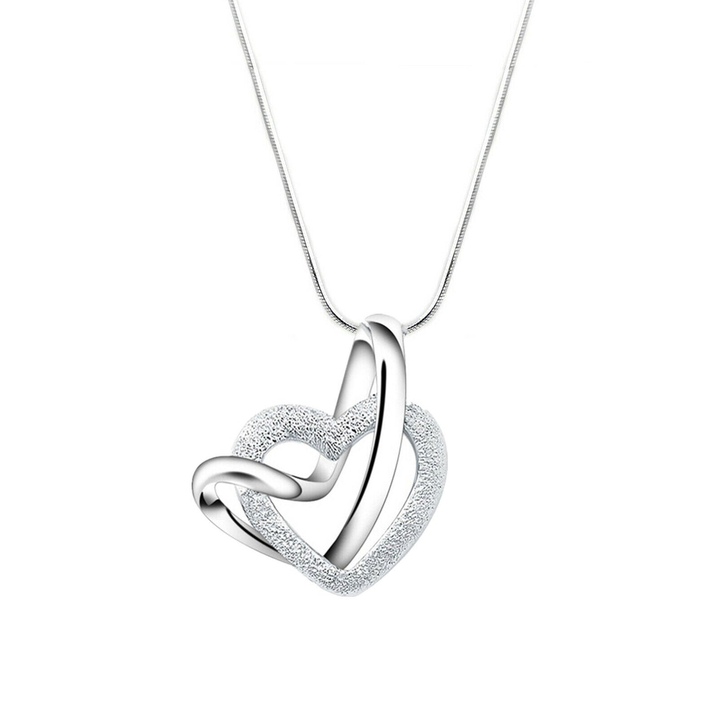 Sterling Silver Love Knot Necklace with Floating Sandblasted Heart Charm - sugarkittenlondon