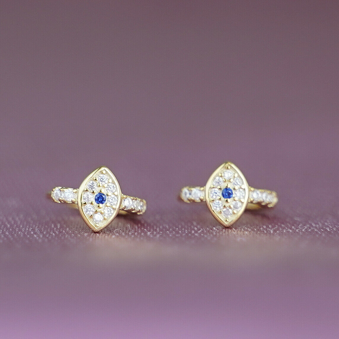 8mm Hoop Earrings with 18K Gold Finish and Blue White CZ Evil Eye Charm - sugarkittenlondon