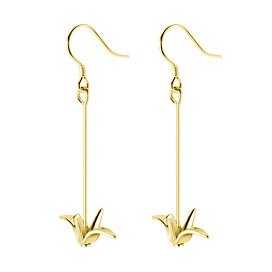 Gold on Sterling Silver Origami Crane Bird Dangle Drop Hook Earrings - sugarkittenlondon