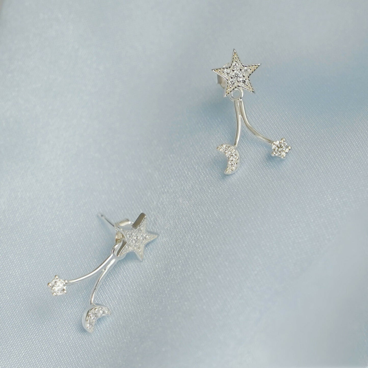 Sterling Silver Star Crescent Moon CZ Drop Double Side Jacket Stud Earrings - sugarkittenlondon