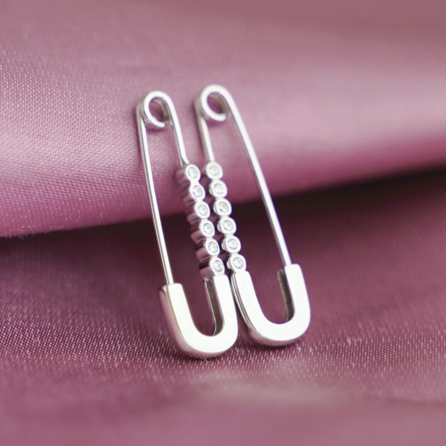 925 Sterling Silver Pin Hoop Earrings with CZ Beads and Paper Clip Design - sugarkittenlondon