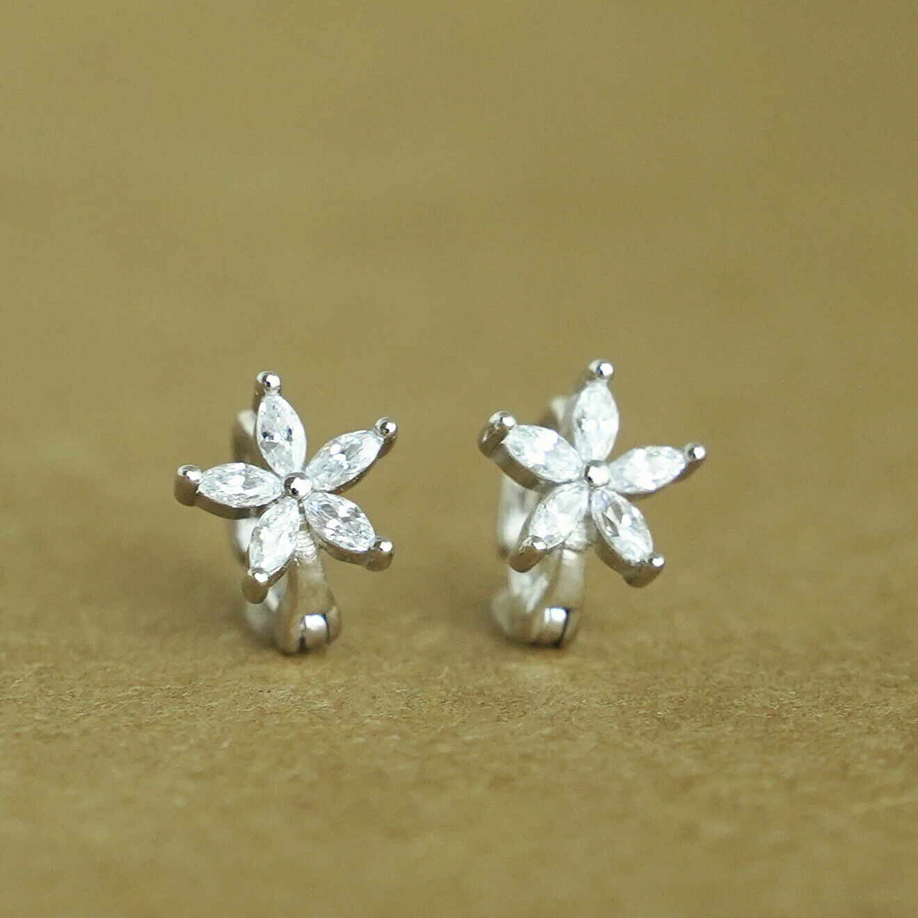 Sterling Silver White CZ Flower Huggie Hoop Earrings Jewellery 6mm - sugarkittenlondon