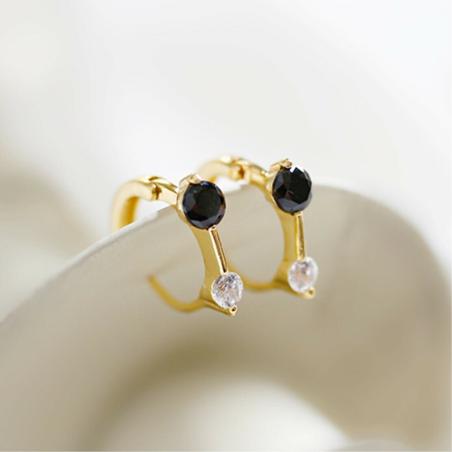 18K Gold Plated Sterling Silver Black and White CZ Huggie Hoop Bar Earrings - sugarkittenlondon