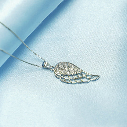 Sterling Silver Angel Feather Hollow White Paved CZ Wing Pendant Necklace - sugarkittenlondon